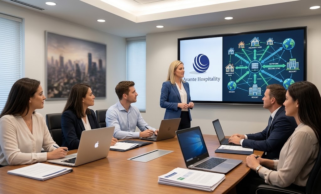 An Avante Hospitality presentation showing the affiliate network to a team